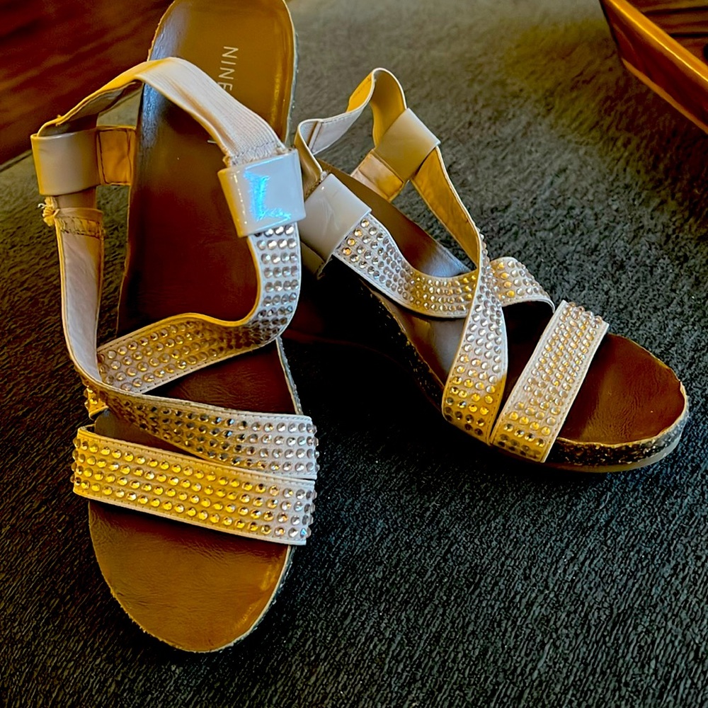 Nine West Wedge Sandals Rhinestone Straps Size 9.5